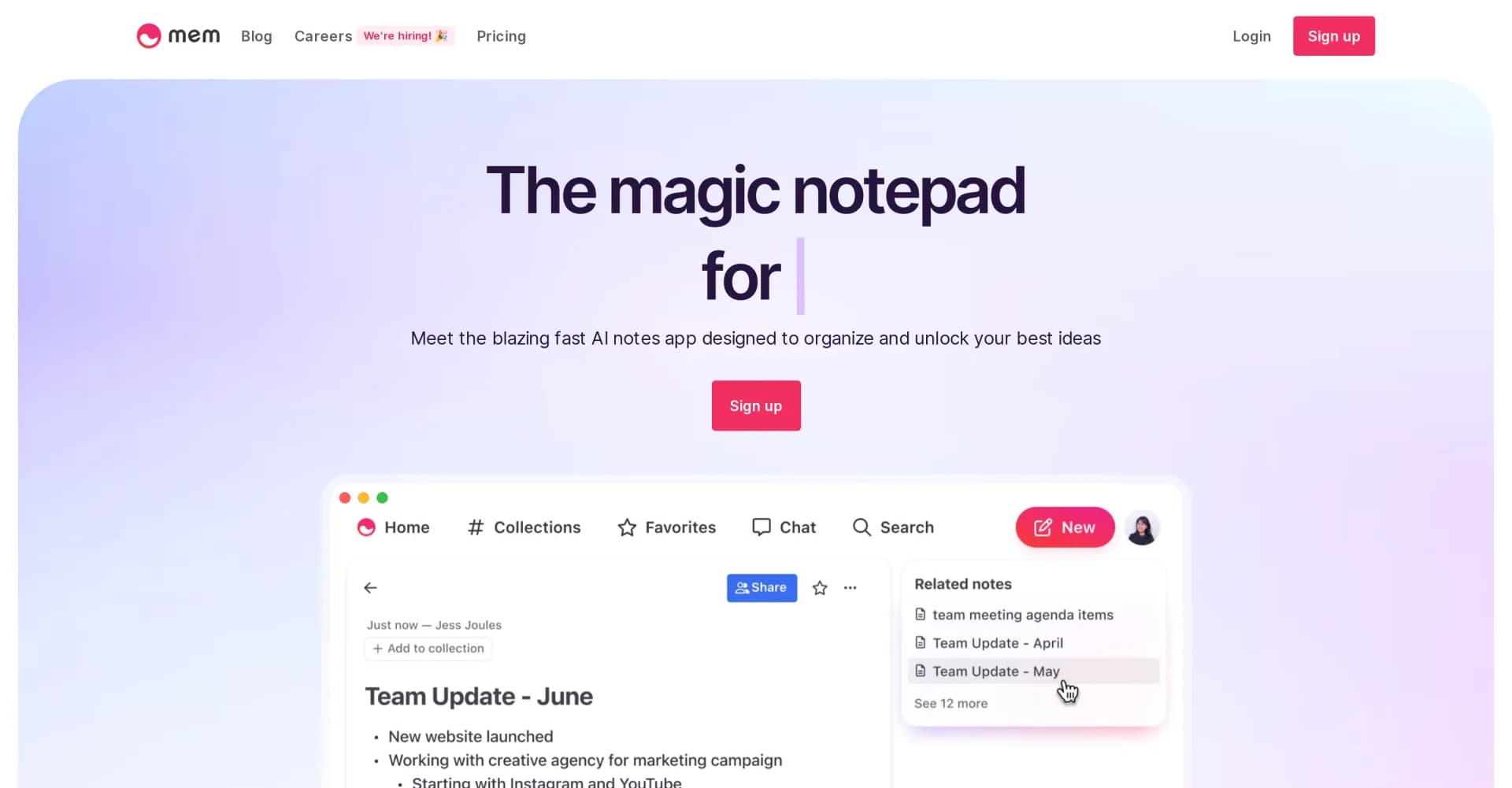 Mem homepage screenshot — Organize your best ideas with AI-powered notes