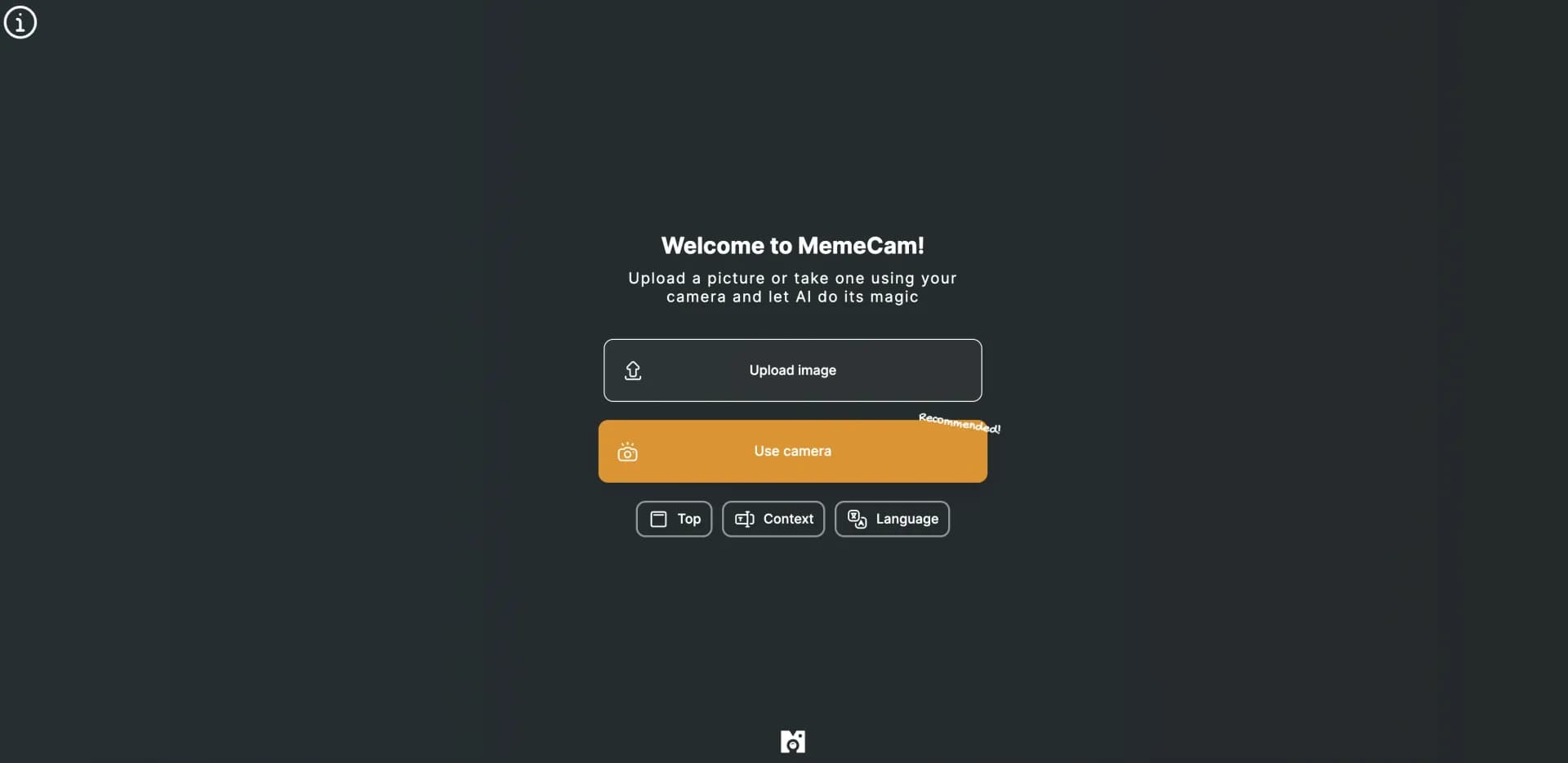 MemeCam homepage screenshot — AI meme generator from your photos
