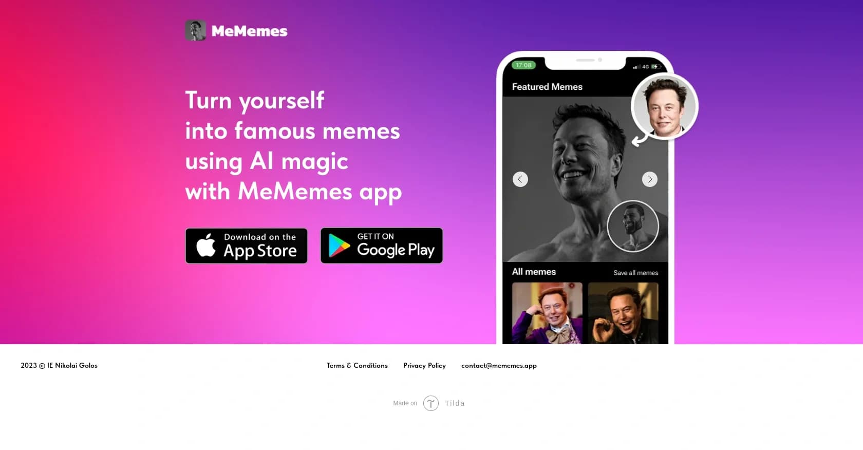 Mememes homepage screenshot — AI magic turns you into famous memes.
