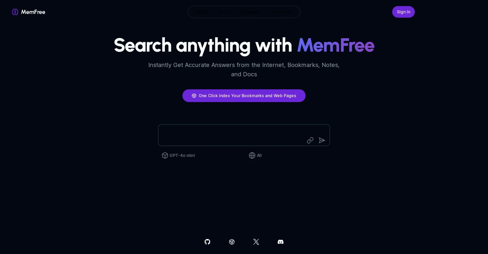 MemFree homepage screenshot — AI-powered search for your digital knowledge