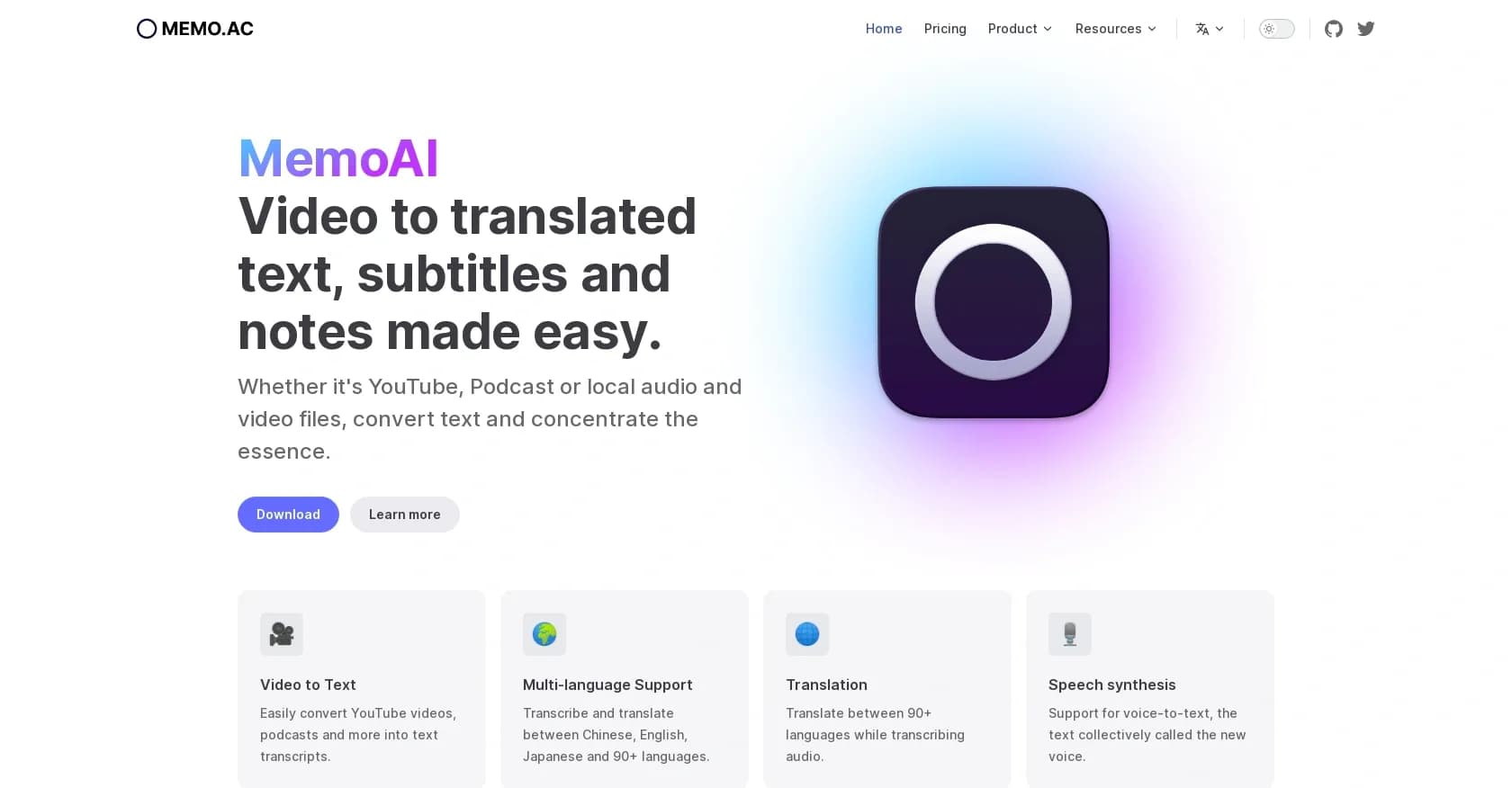 Memo.ac homepage screenshot — AI-powered audio and video to text conversion.