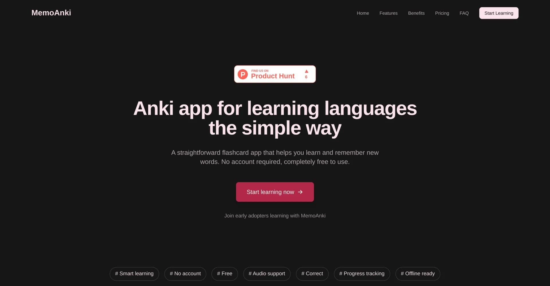 MemoAnki homepage screenshot — Learn languages with simple, smart flashcards.