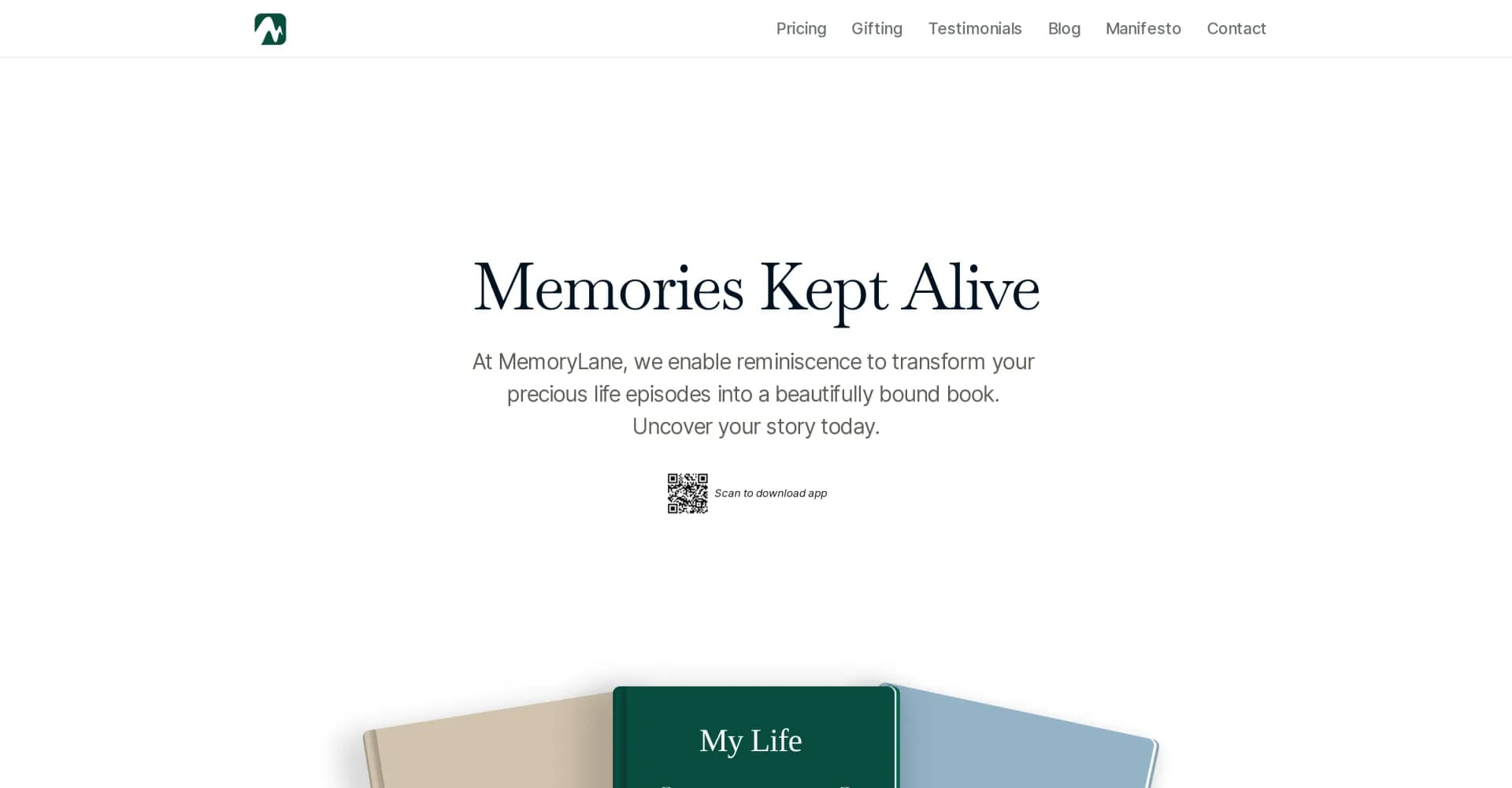 MemoryLane homepage screenshot — Transform Your Memories into Cherished Stories with Genie, Y