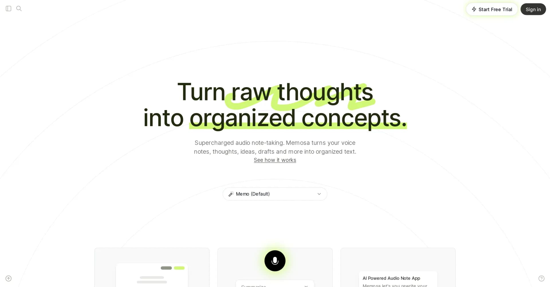 Memosa homepage screenshot — Turn raw thoughts into organized concepts.