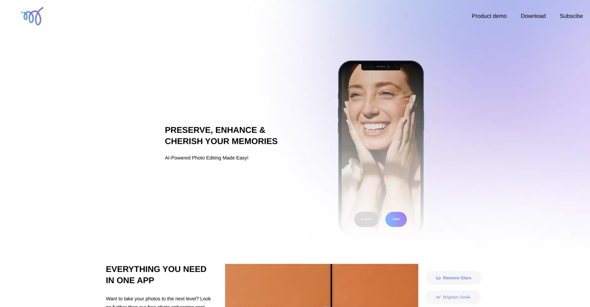 Mems homepage screenshot — AI-powered photo enhancement made easy
