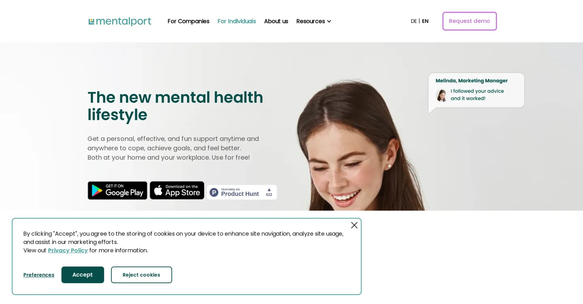Mentalport homepage screenshot — AI-powered mental health coaching in your pocket.