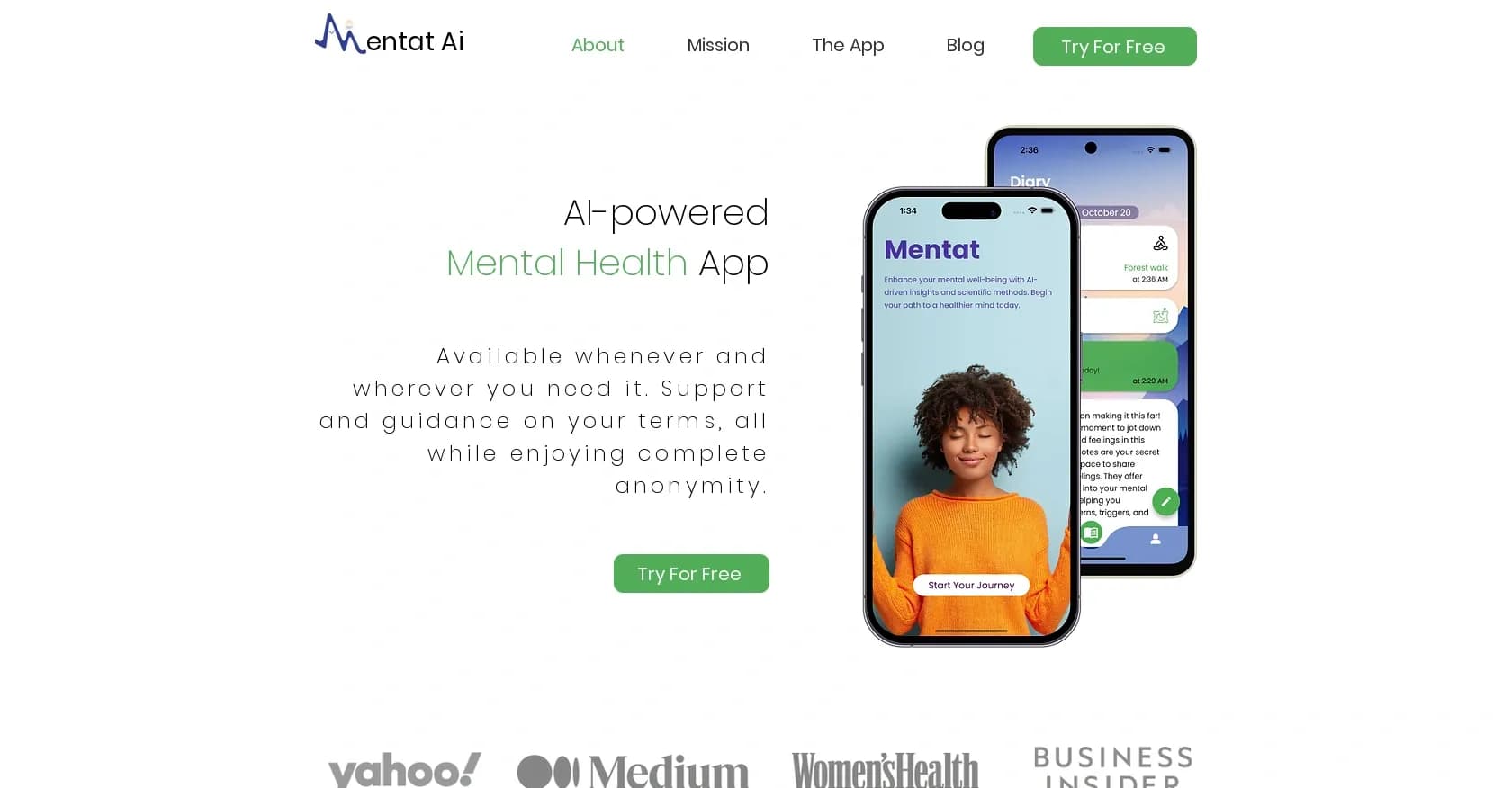 Mentat AI homepage screenshot — Your 24/7 AI mental health companion