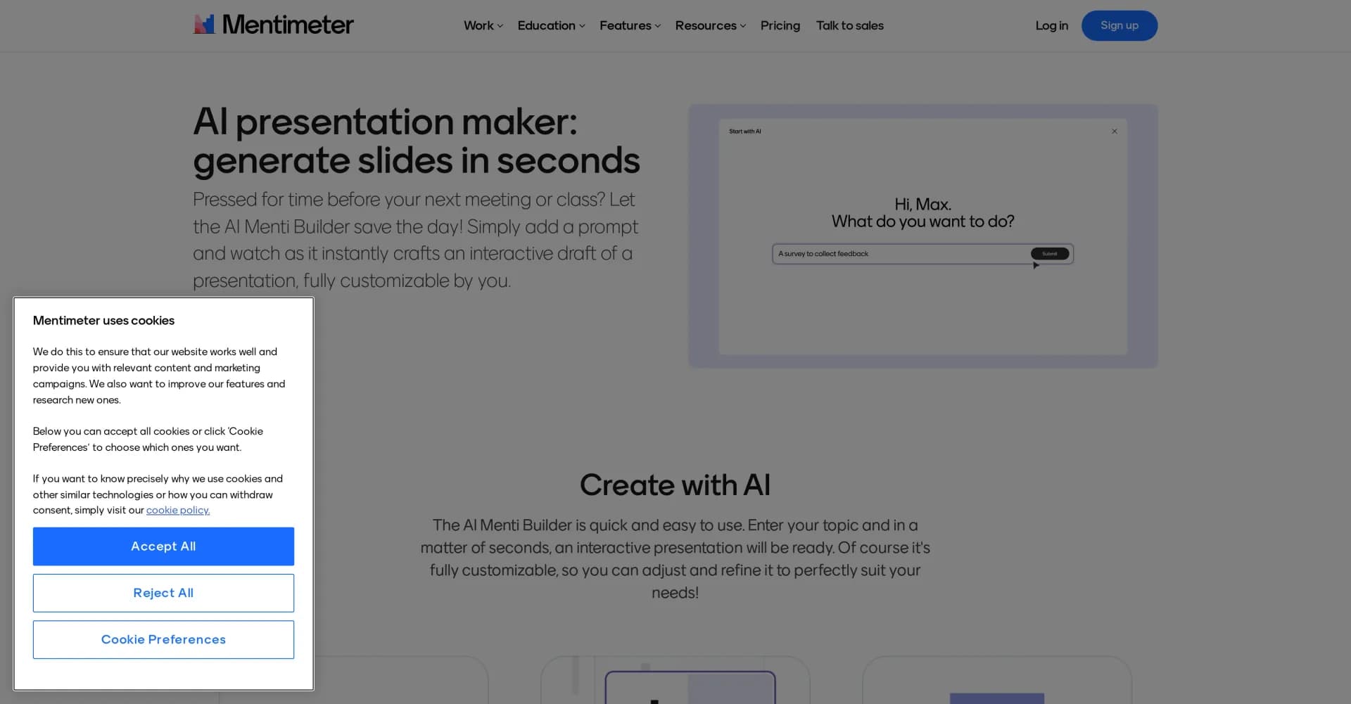 Mentimeter homepage screenshot — Generate interactive slides instantly with AI