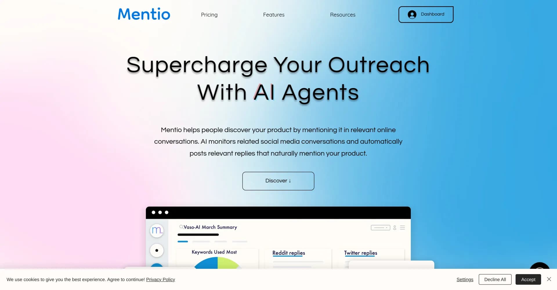 Mentio homepage screenshot — AI agents supercharge outreach by mentioning your product in