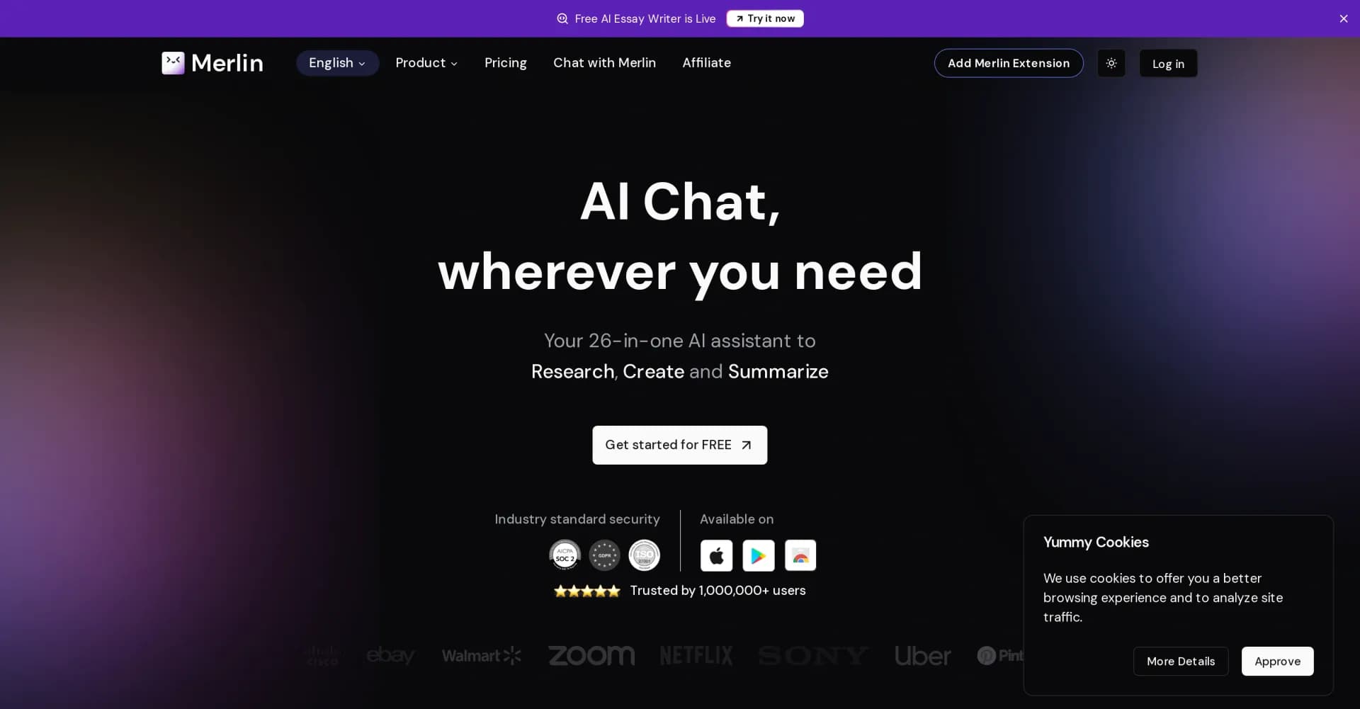 Merlin AI homepage screenshot — AI-powered chat assistant for any website