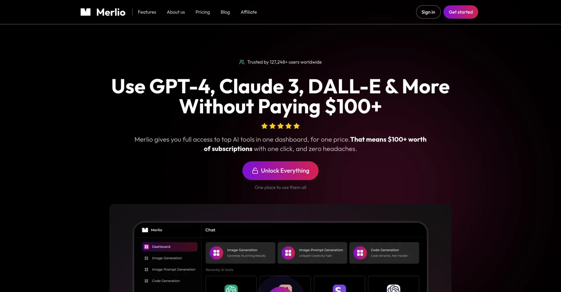 Merlio homepage screenshot — Talk, generate, and design with every top AI model in one ap