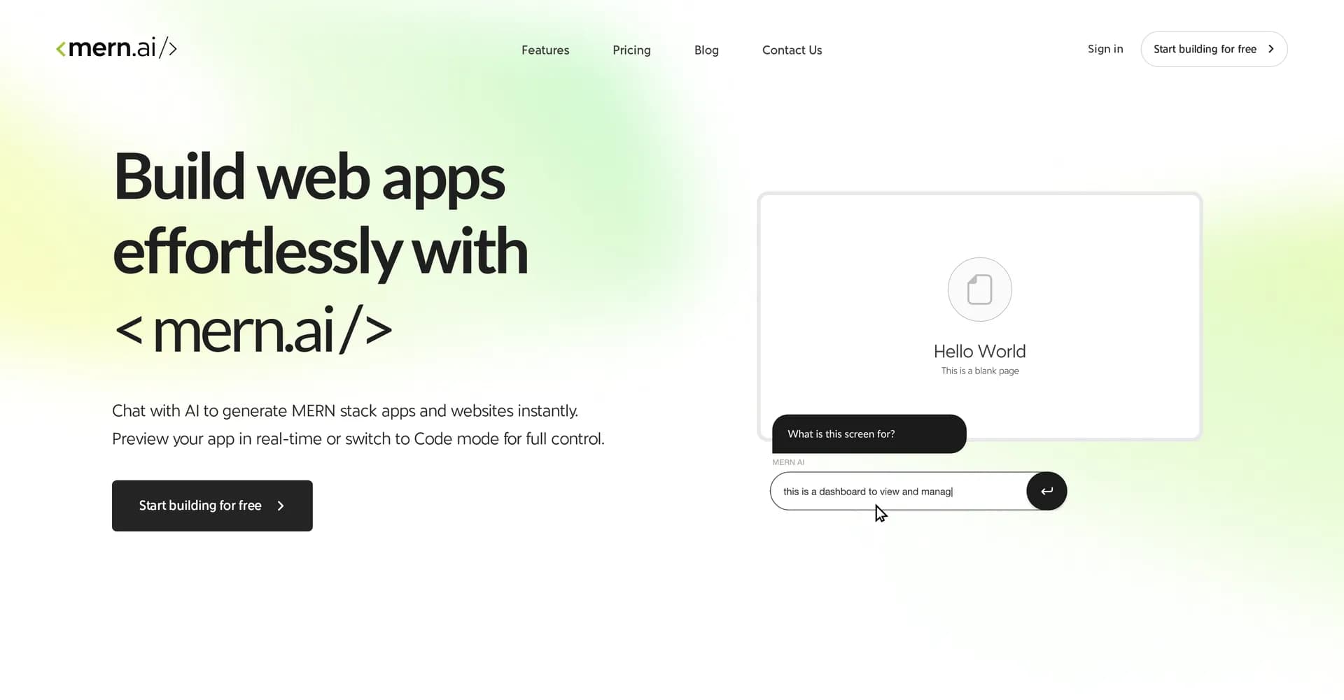 MERN.AI homepage screenshot — AI-driven MERN stack development in minutes.
