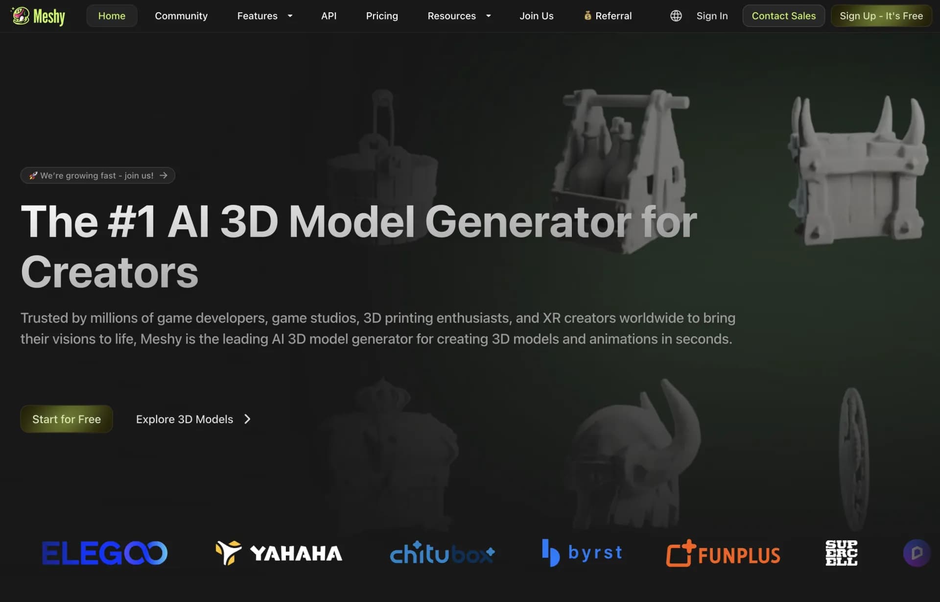 Meshy homepage screenshot — Turn text and images into 3D models with AI.