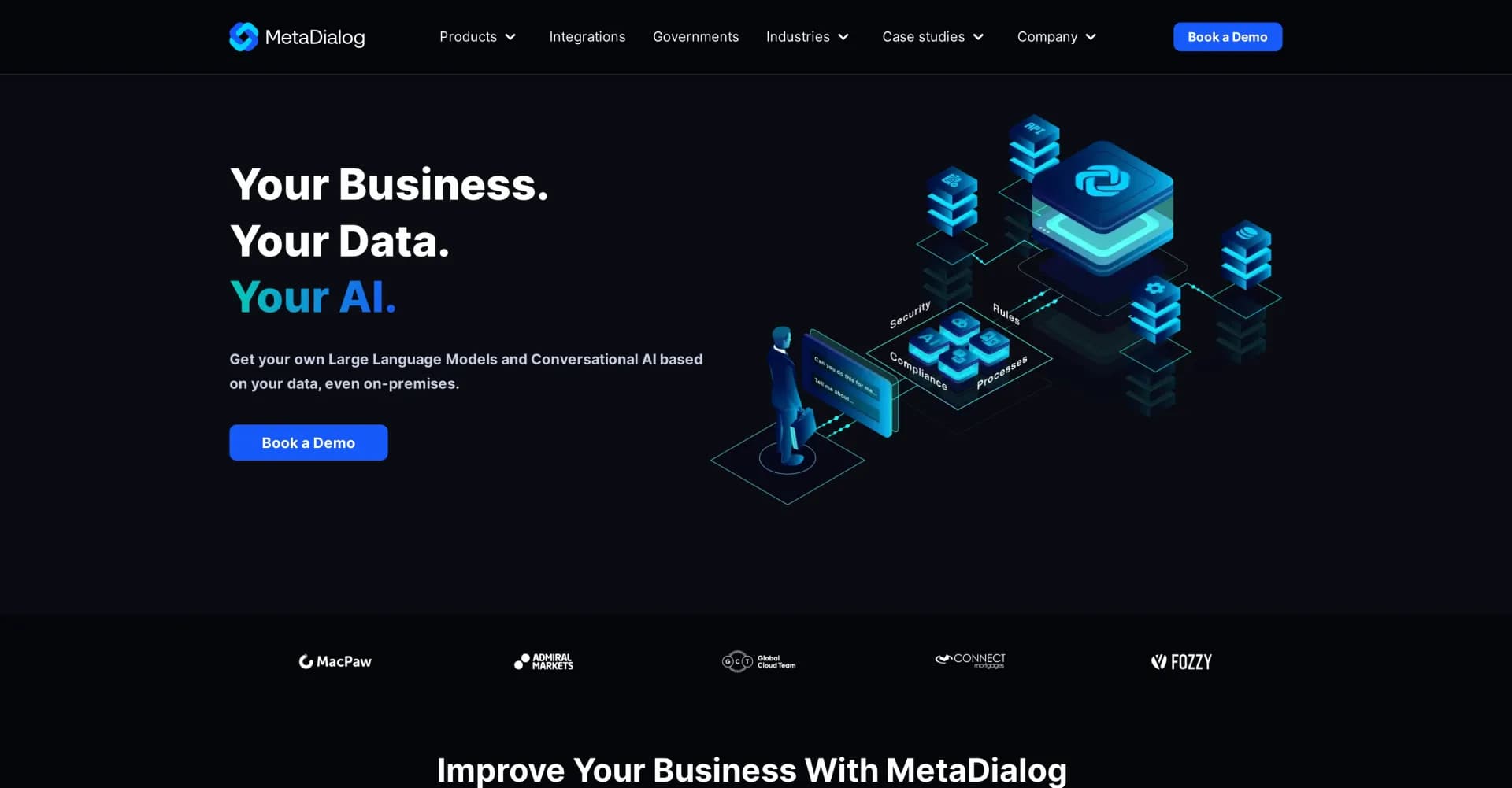 MetaDialog homepage screenshot — Empower your business with custom AI conversations.