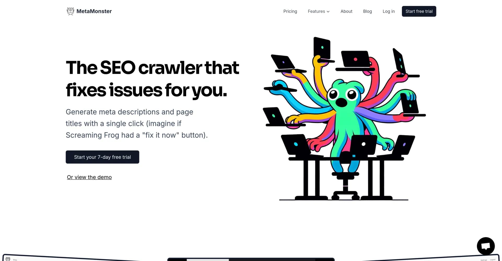 MetaMonster homepage screenshot — The SEO crawler that fixes issues for you.