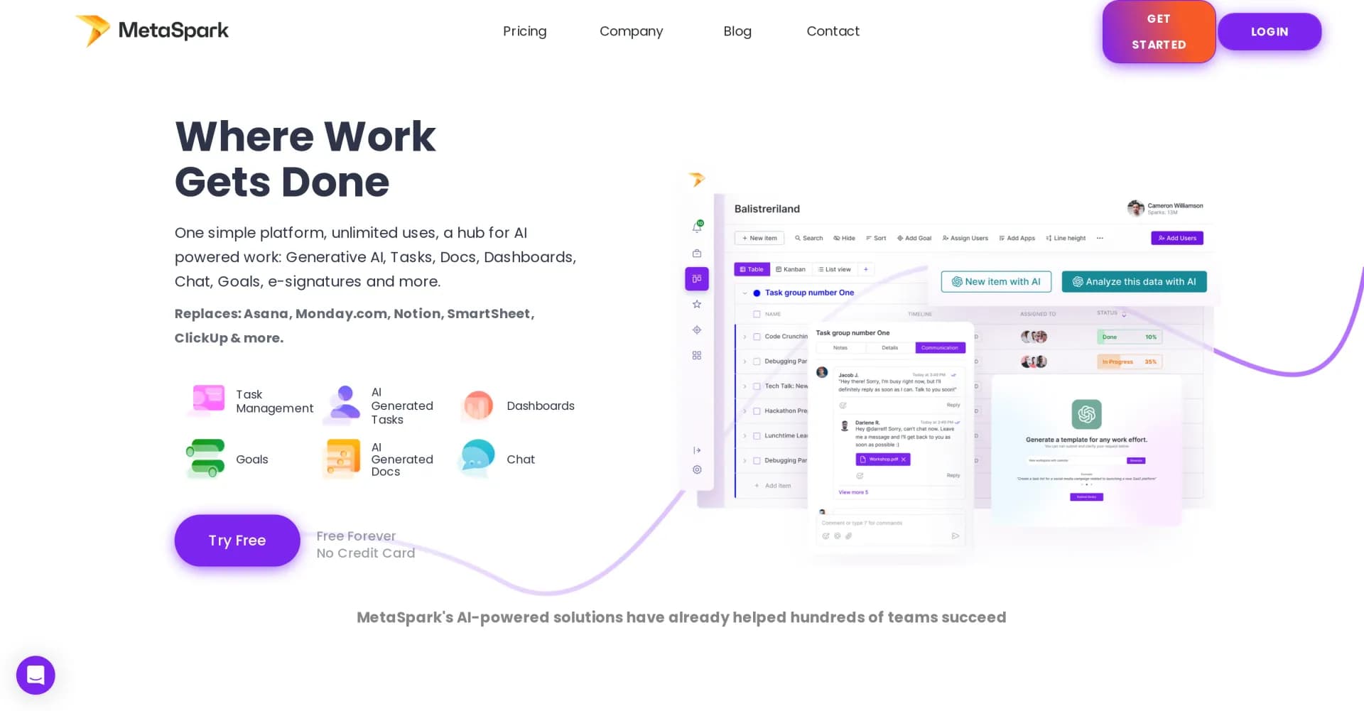 MetaSpark homepage screenshot — AI-powered project management that revolutionizes work.