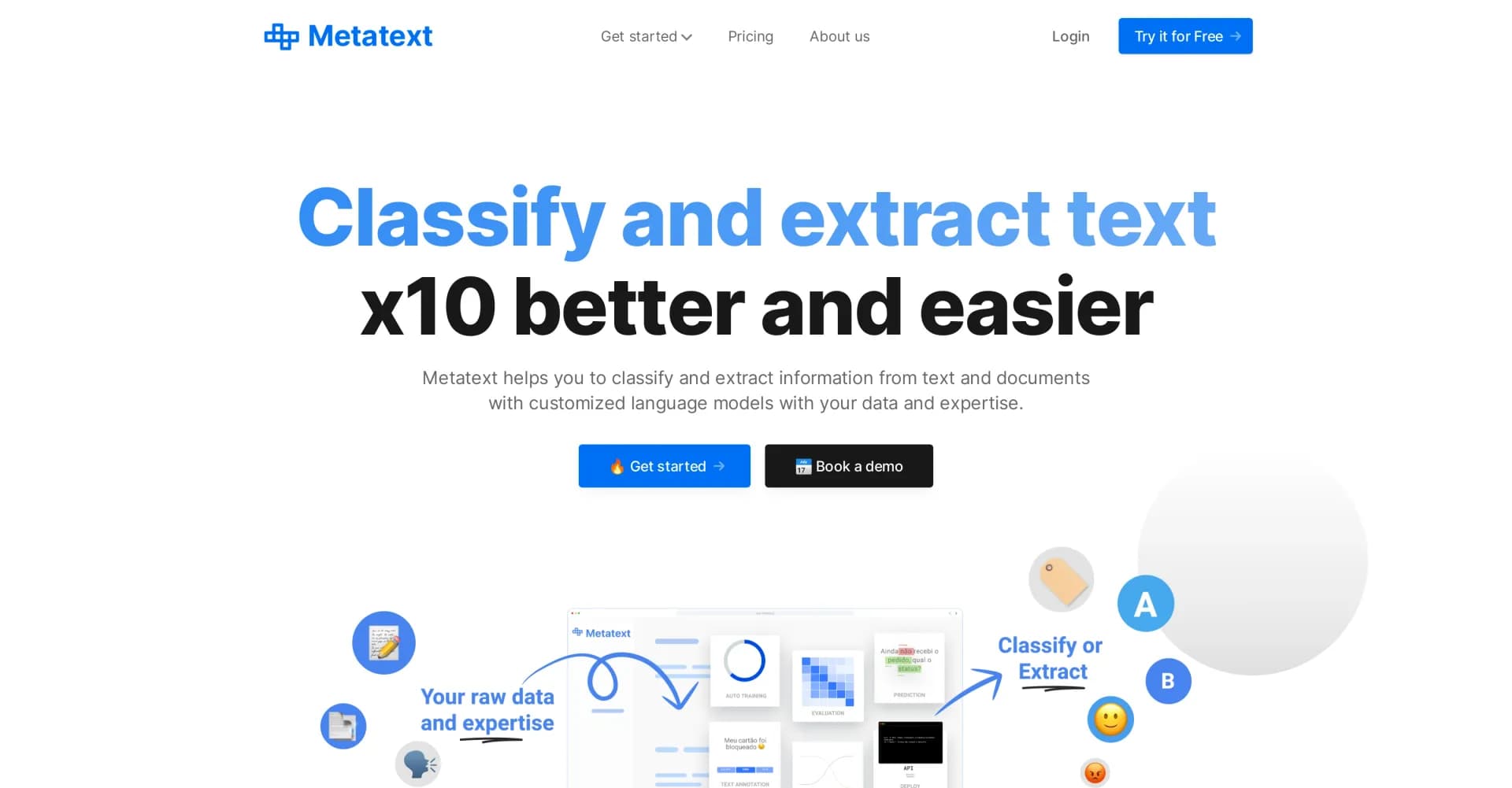 Metatext homepage screenshot — Classify and extract text effortlessly with customized model