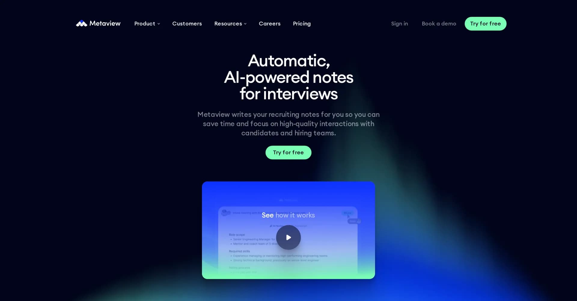 Metaview homepage screenshot — AI-powered interview notes for recruiters