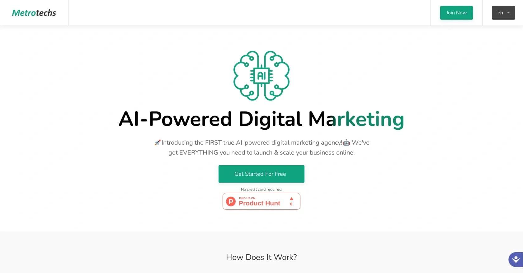 Metrotechs homepage screenshot — AI-powered digital marketing expertise in your pocket