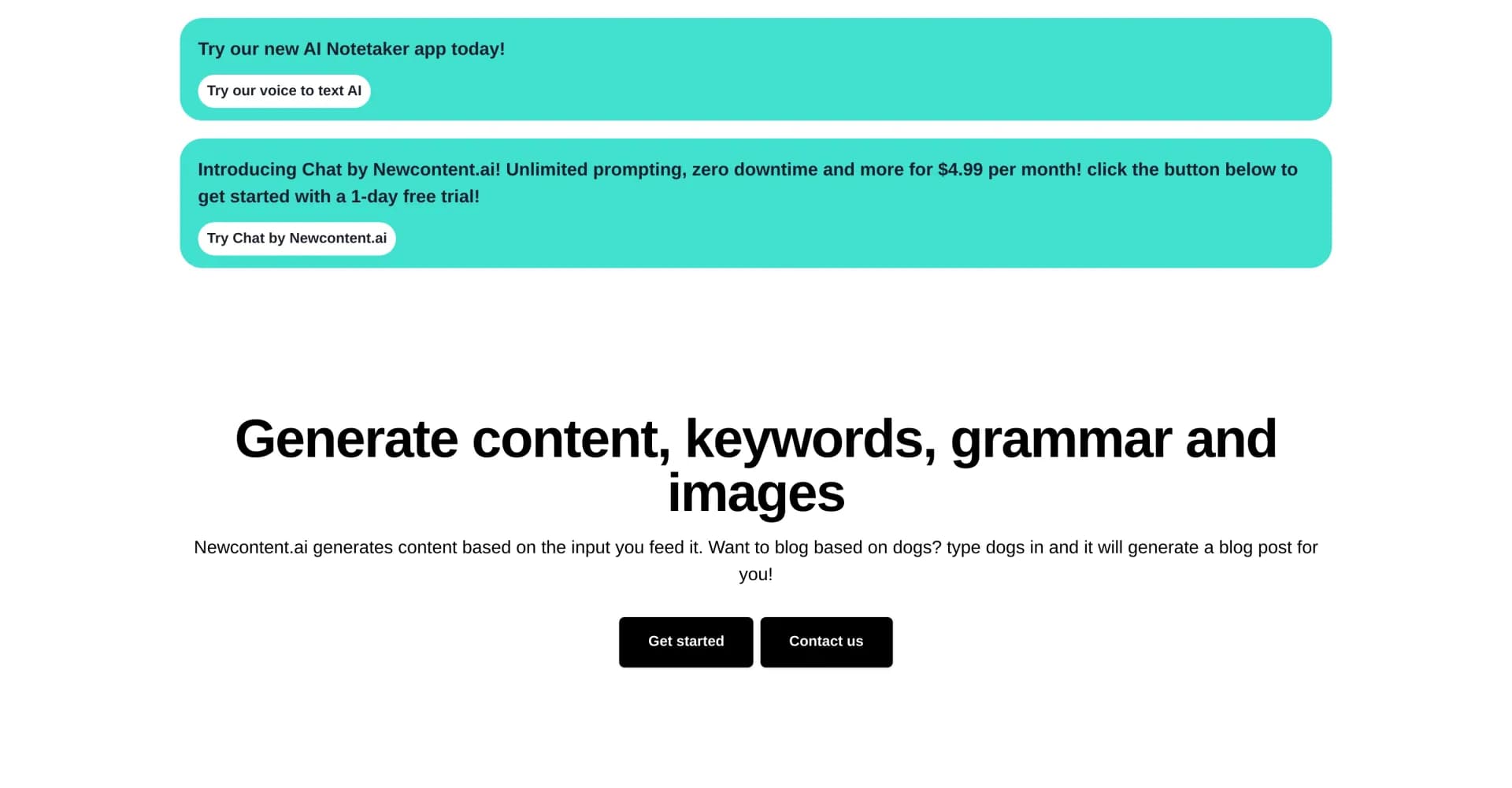 Newcontent.ai homepage screenshot — Generate blogs, keywords, and more with AI.