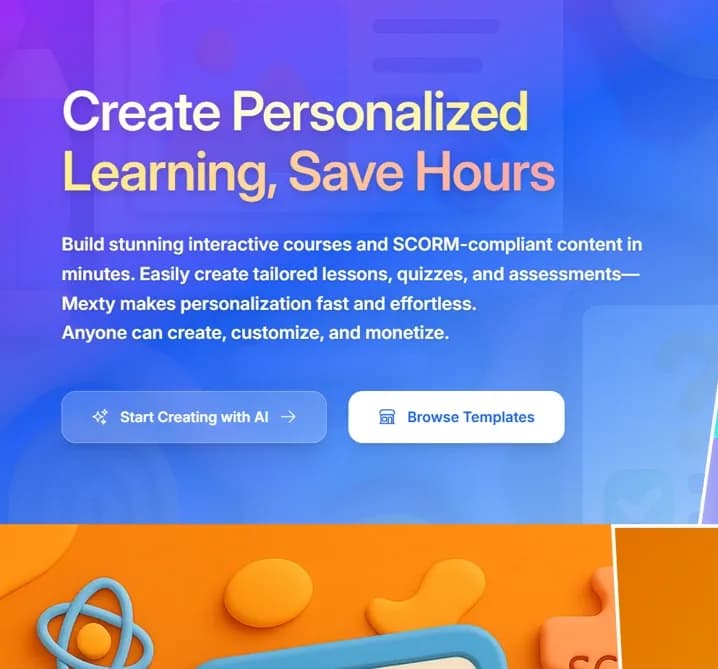 Mexty homepage screenshot — SCORM-compliant, Interactive course builder, personalized le