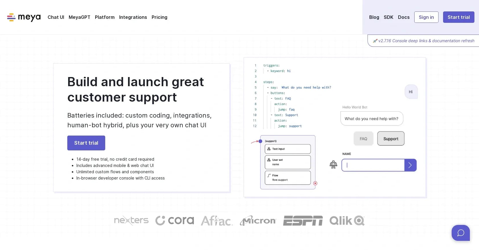 MeyaGPT homepage screenshot — Build and launch great customer support chatbots