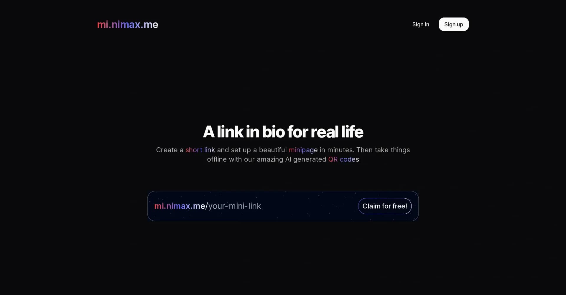 Mi.Nimax homepage screenshot — One beautiful link for all your stuff