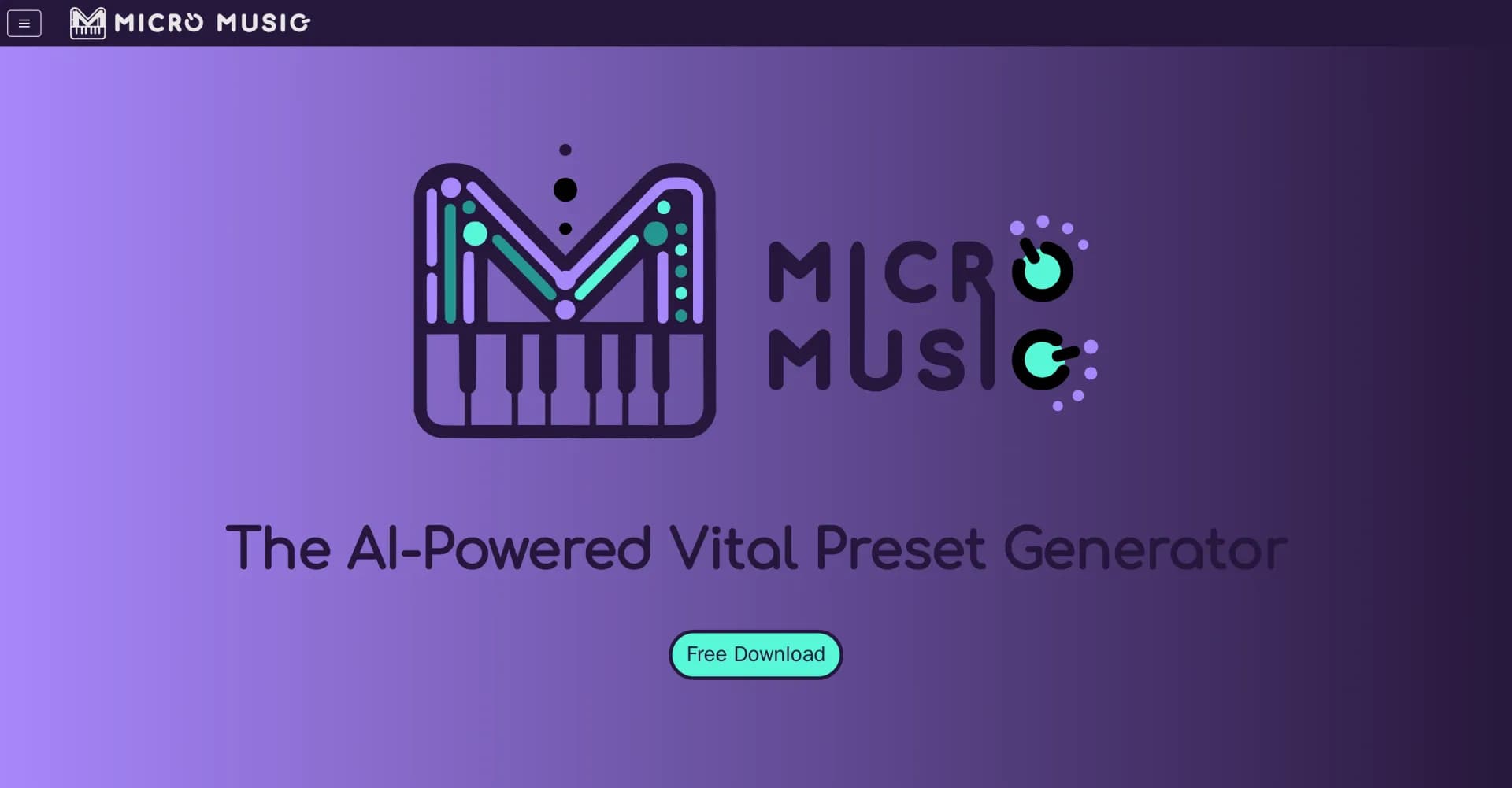 MicroMusic homepage screenshot — AI-powered Vital preset generator from audio samples.