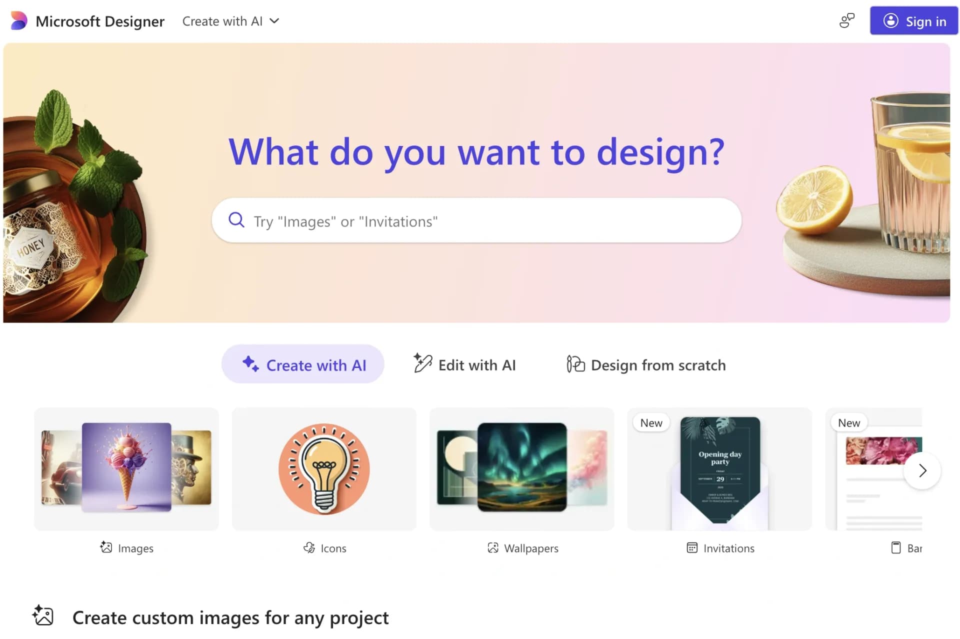 Microsoft Designer homepage screenshot — Create stunning designs instantly with AI.