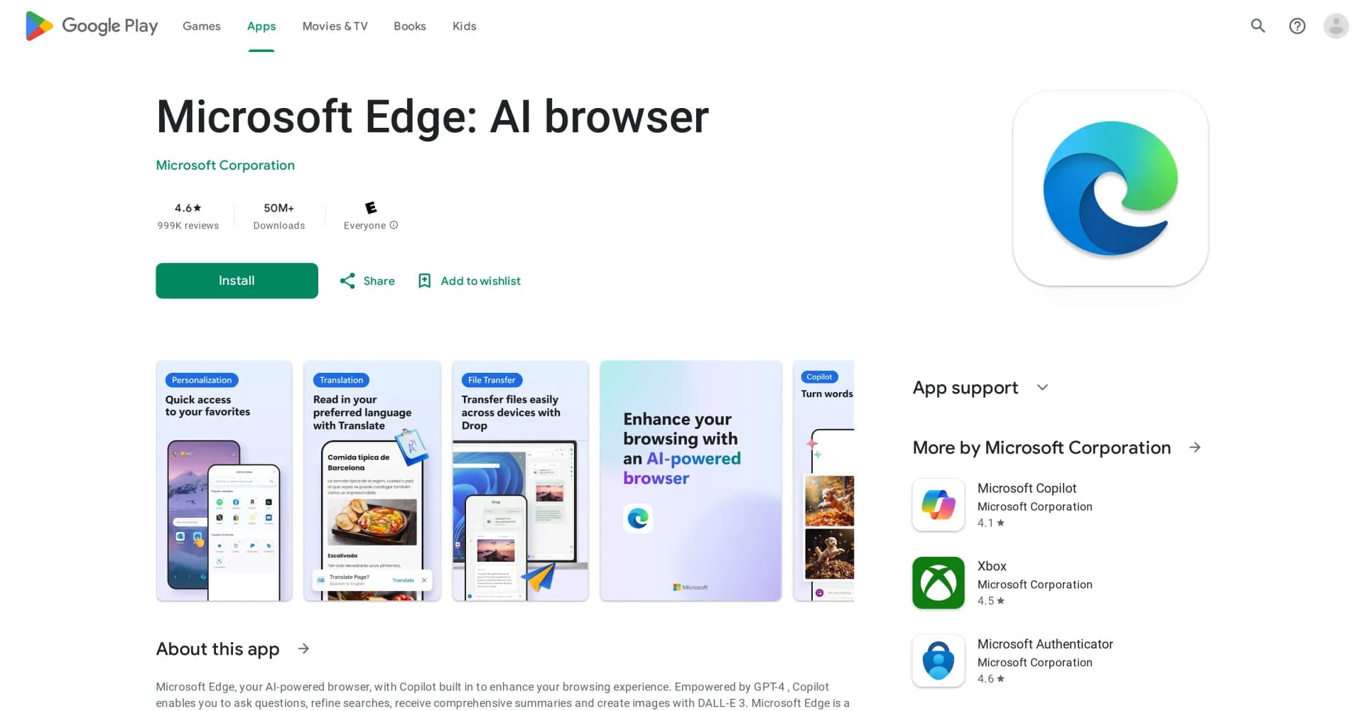 Microsoft Edge homepage screenshot — Enhance browsing with AI-powered features