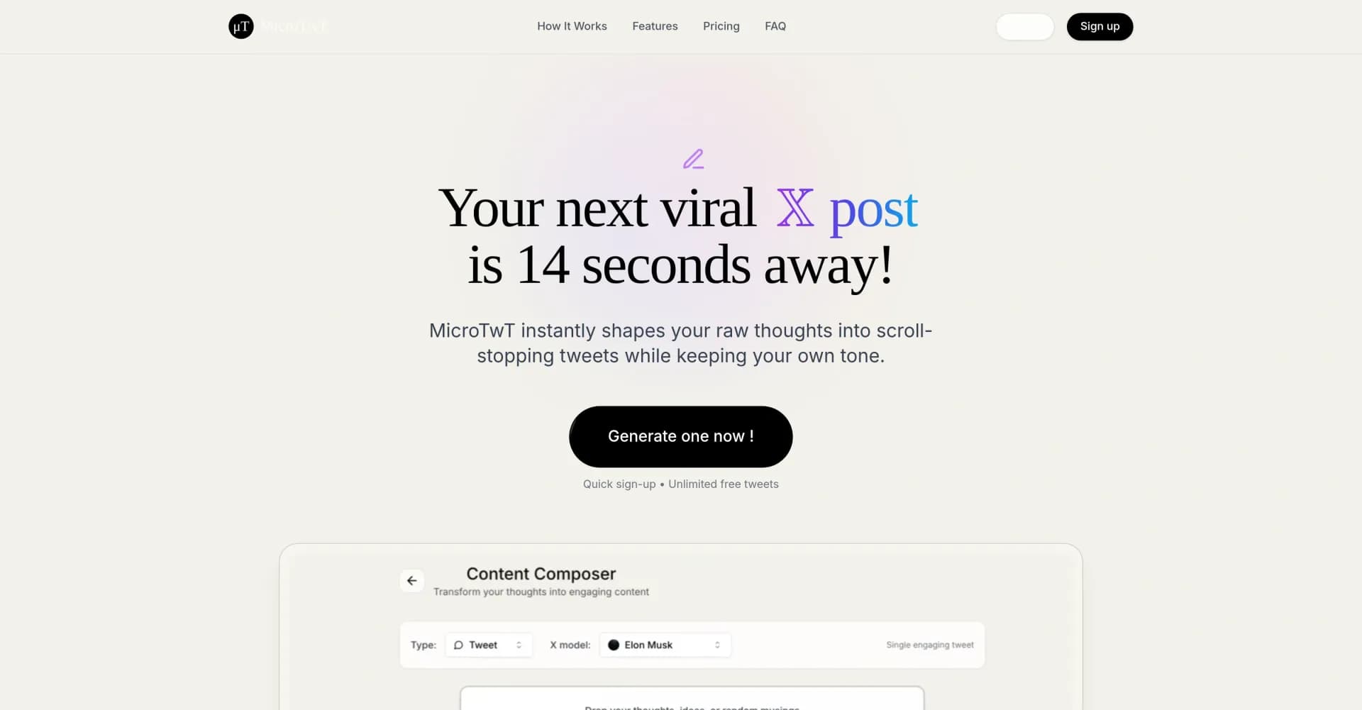 MicroTWT homepage screenshot — Turn ideas into viral tweets.