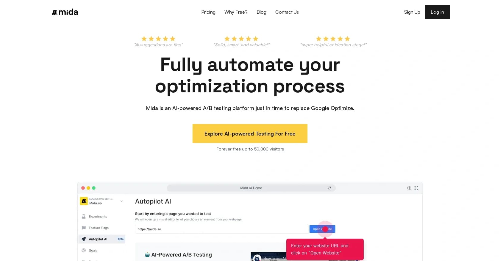 Mida homepage screenshot — Business optimization through A/B testing.