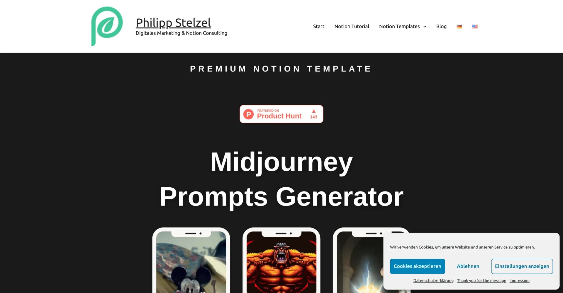 Midjourney prompt generator homepage screenshot — Generate unique Midjourney prompts in Notion