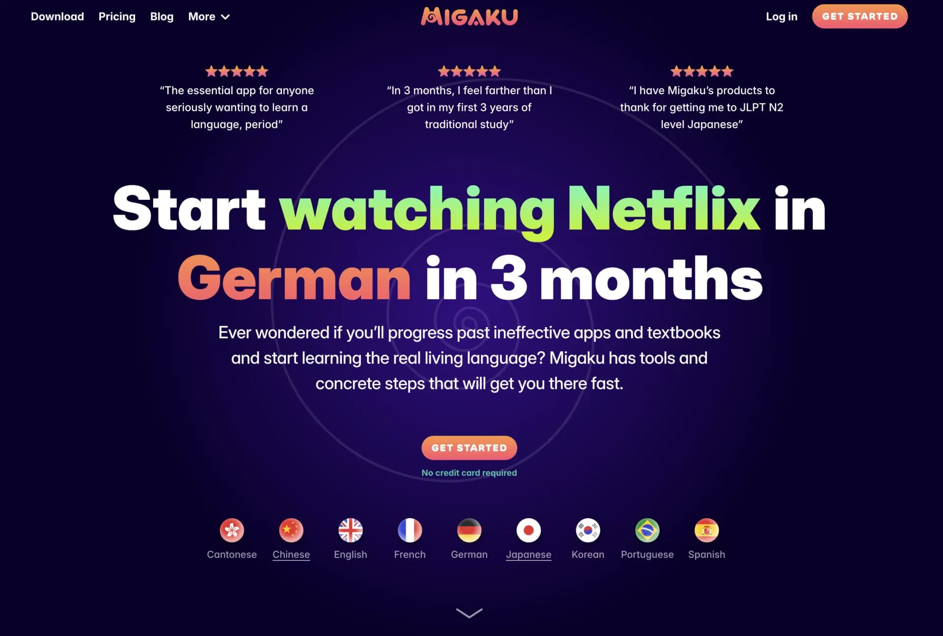 Migaku homepage screenshot — Learn languages by watching your favorite content.