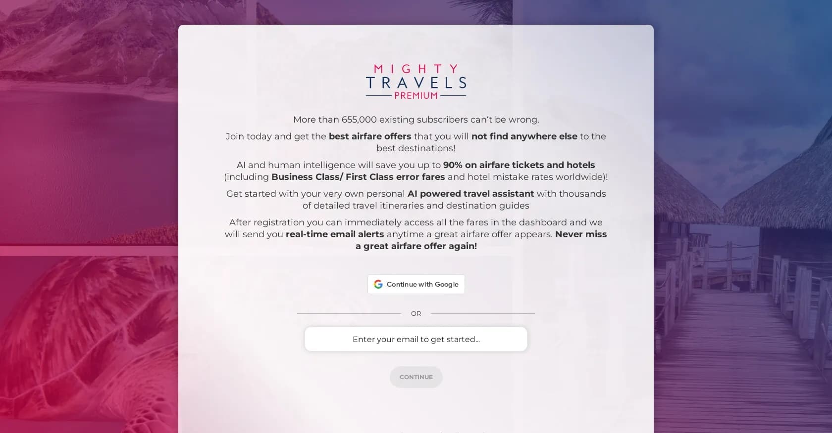 Mighty Travels homepage screenshot — AI-powered travel savings up to 90% on flights and hotels.