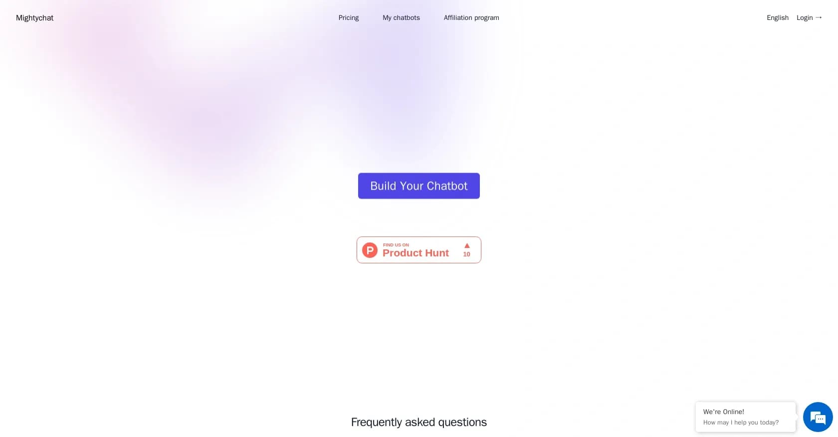 MightyChat.ai homepage screenshot — Create and deploy AI chatbots in minutes.
