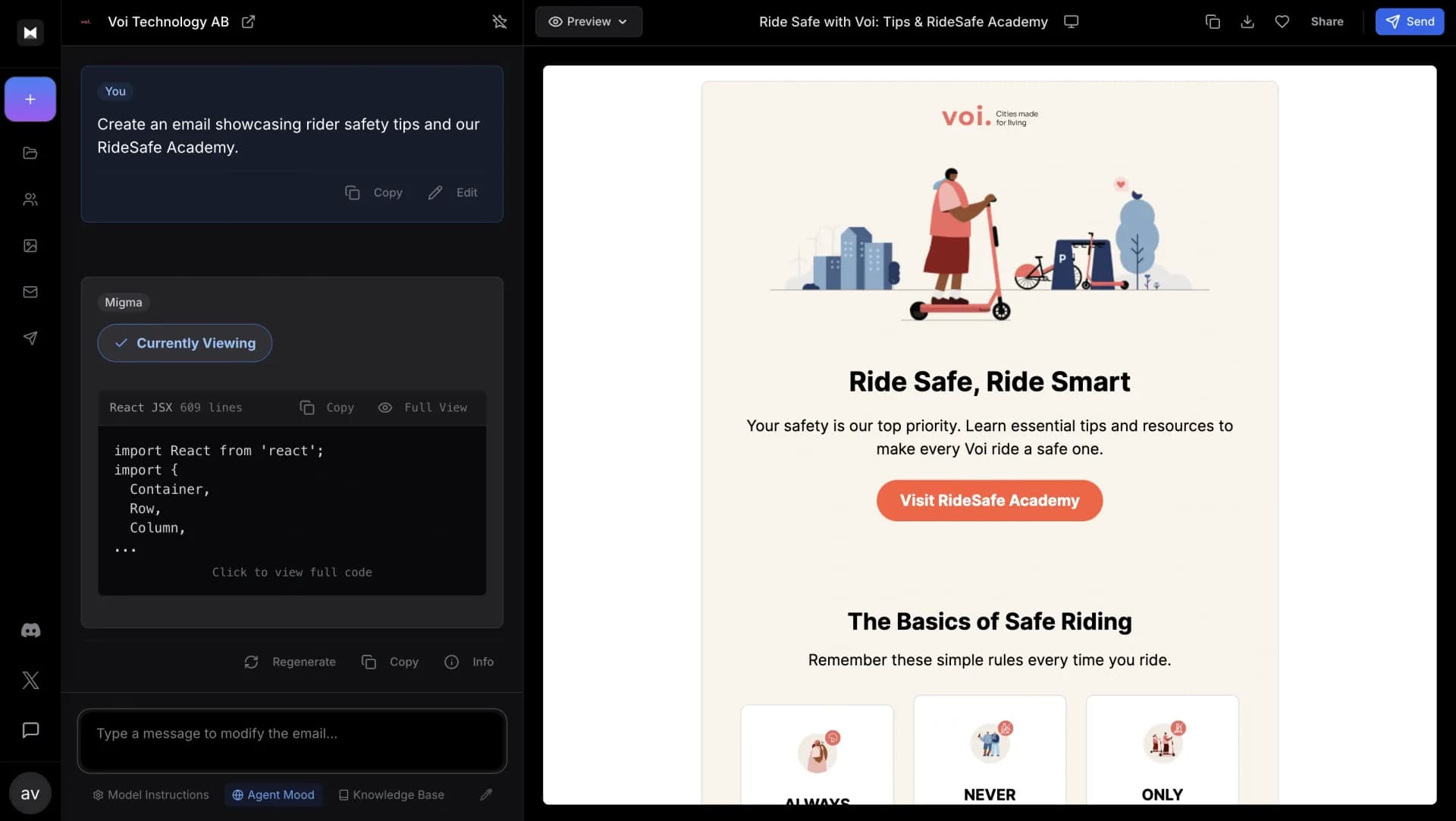 Migma.ai homepage screenshot — Create on-brand emails in seconds with AI
