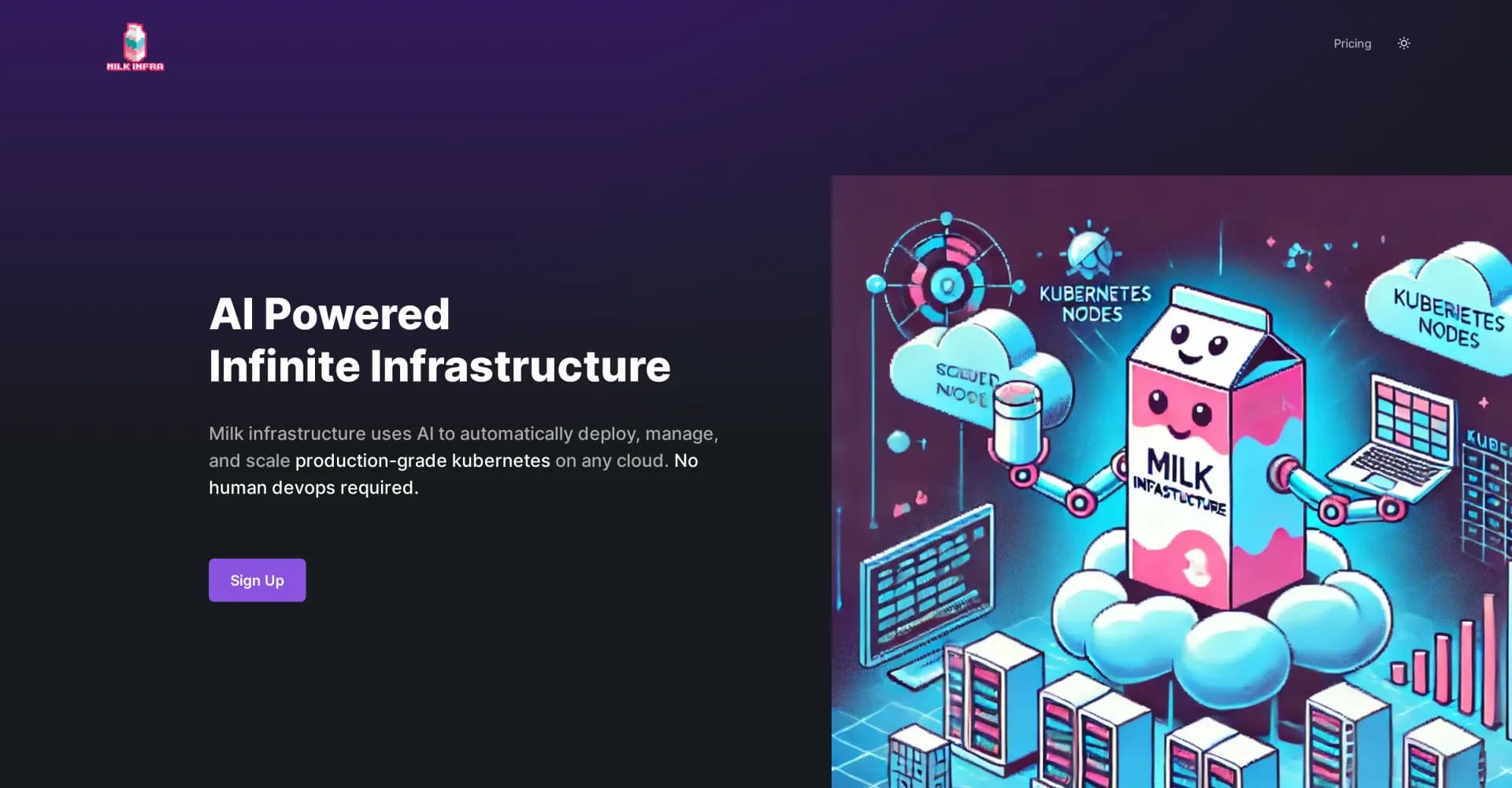 Milk Infrastructure homepage screenshot — AI-powered infinite infrastructure for seamless deployment.
