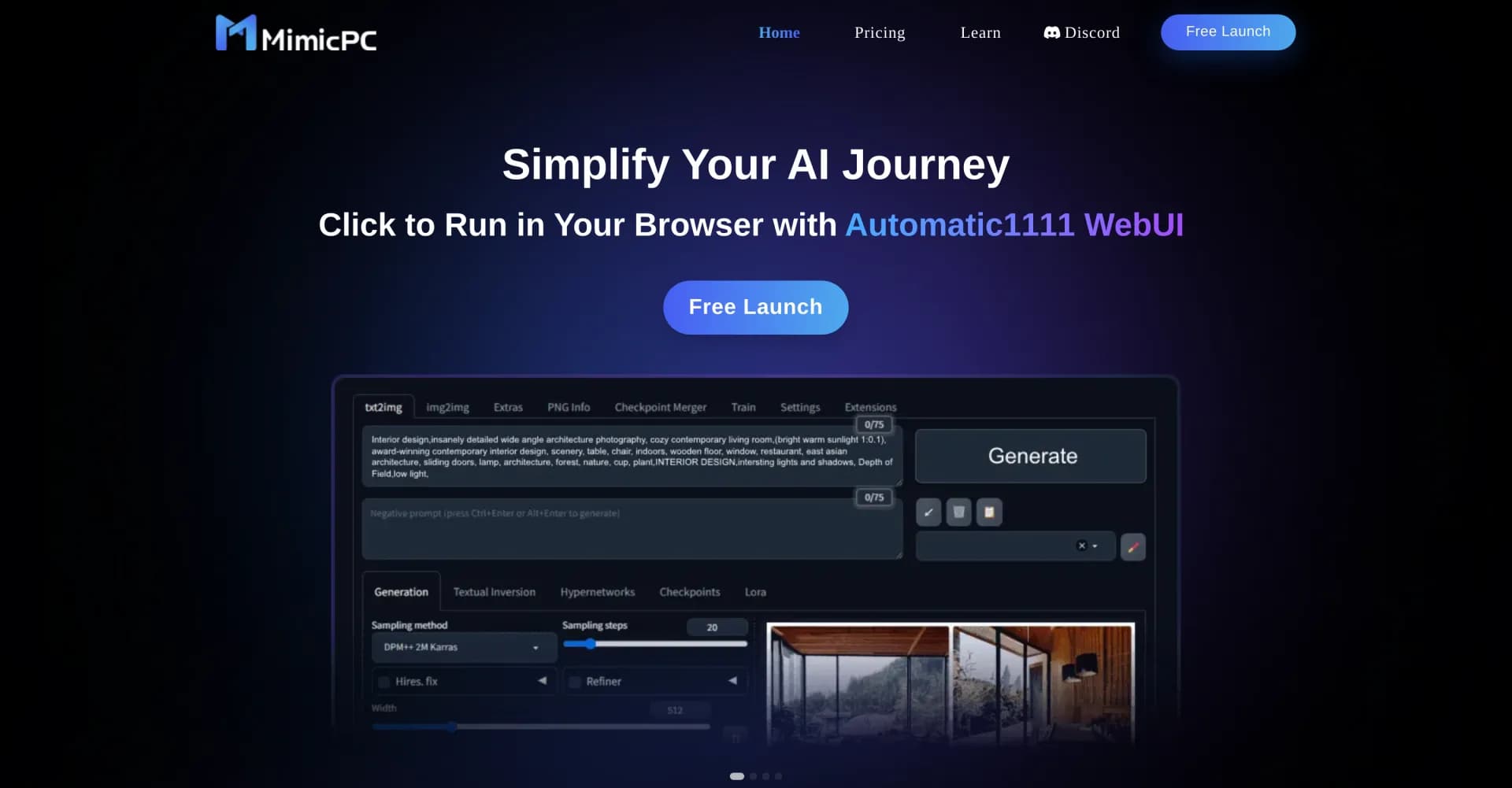 MimicPC homepage screenshot — Instantly run AI apps in your browser, no setup required.