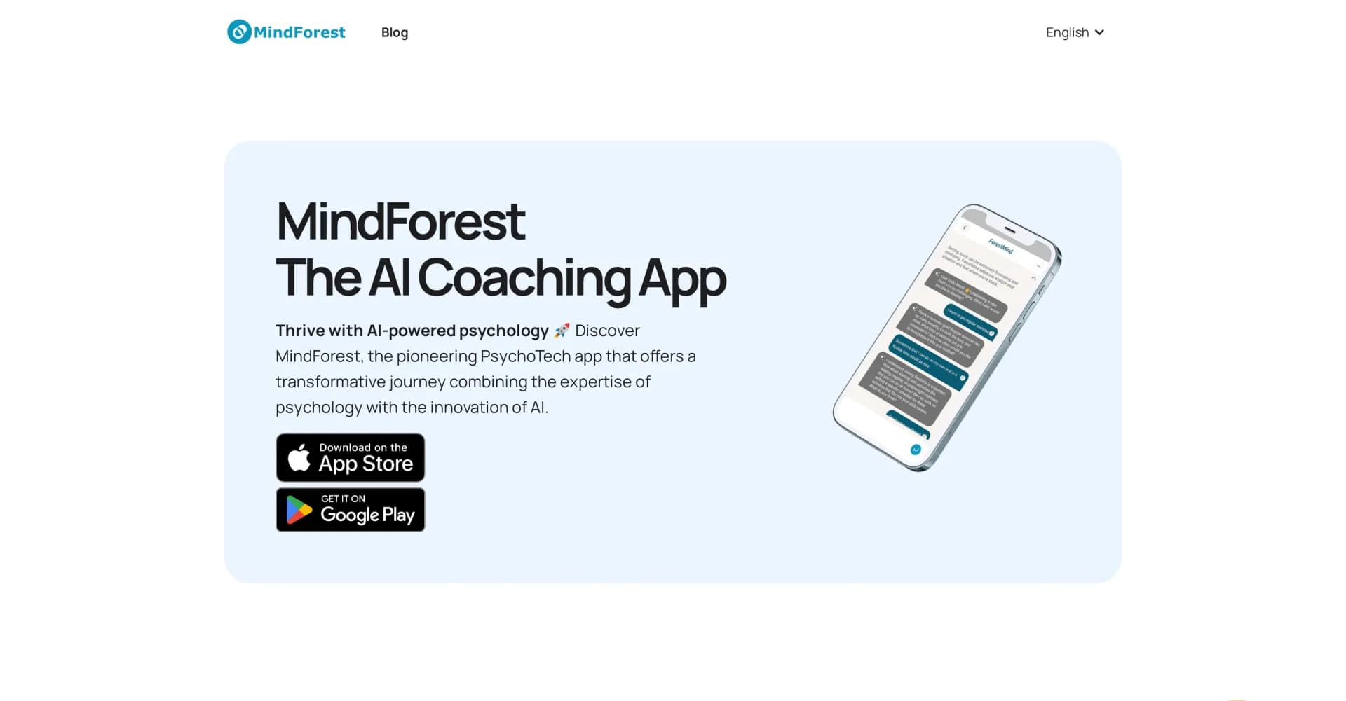 MindForest homepage screenshot — AI-powered psychology for personal transformation.