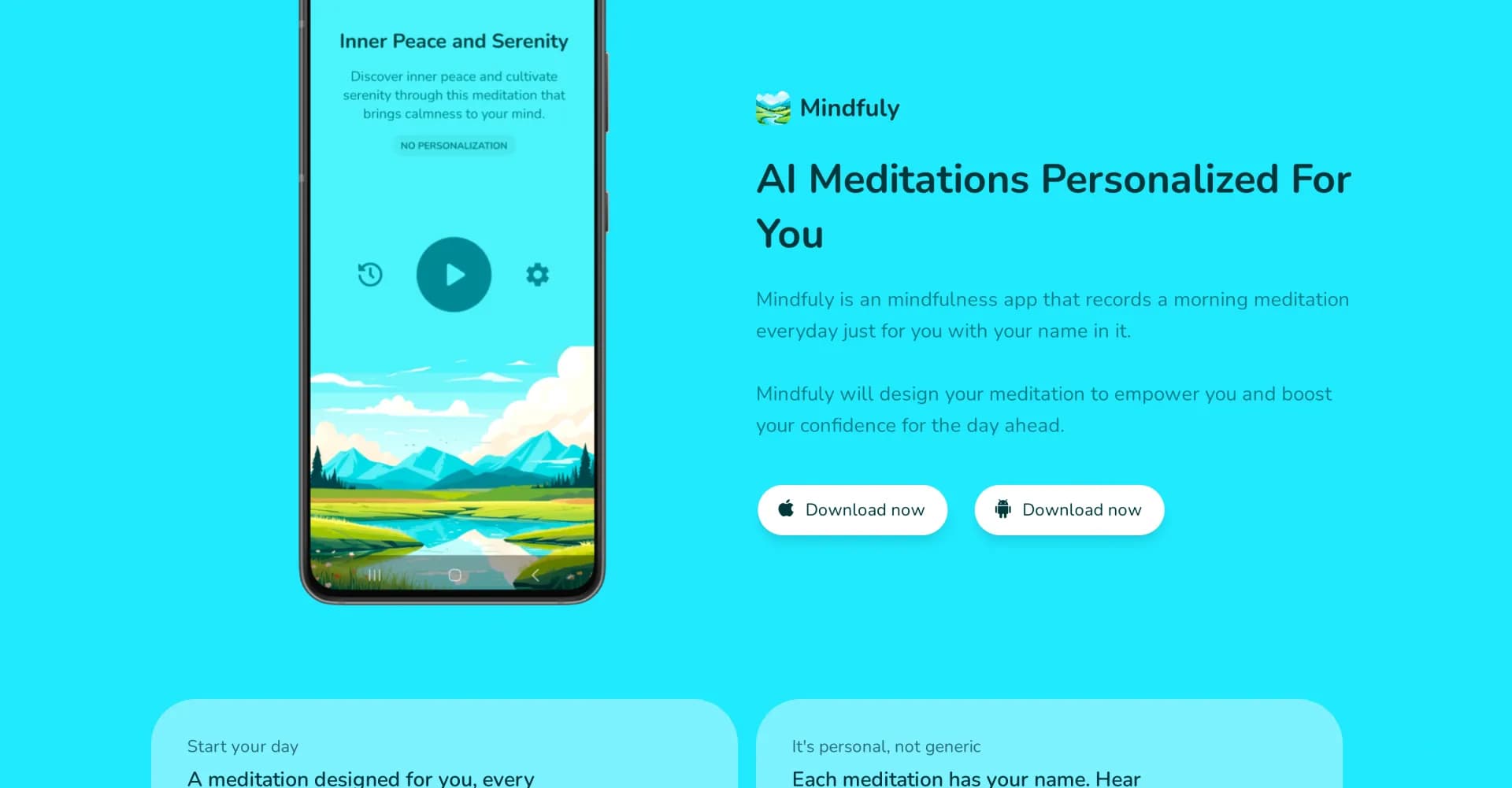 Mindfuly homepage screenshot — AI-powered personalized daily meditations