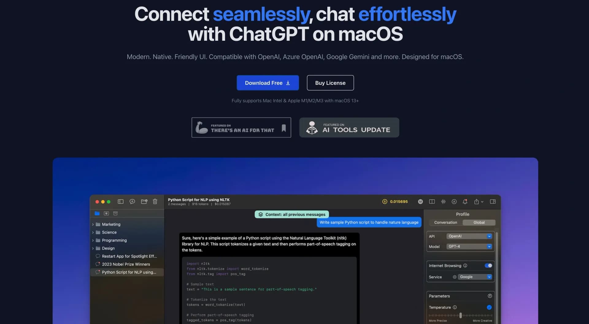MindMac homepage screenshot — Feature-rich & elegant ChatGPT macOS client, supports multip