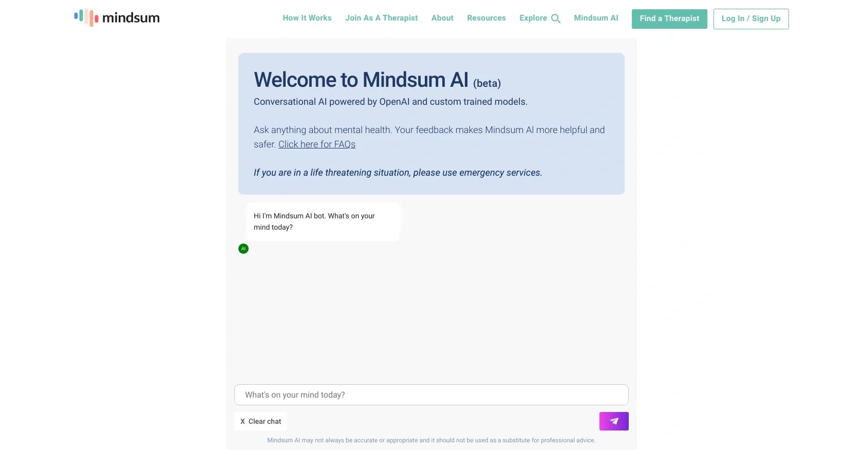 Mindsum homepage screenshot — AI-powered mental health conversations and support