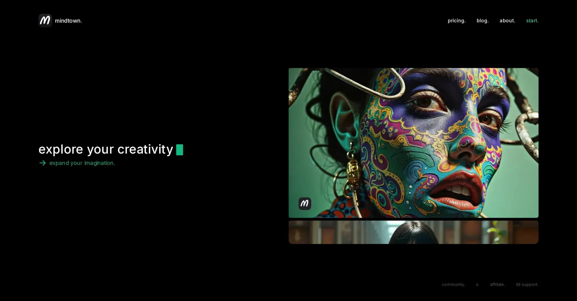 Mindtown homepage screenshot — Explore your creativity and expand imagination.