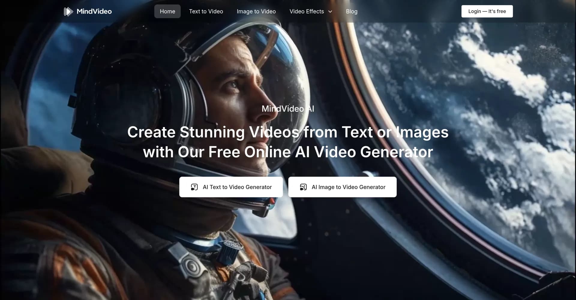 MindVideo homepage screenshot — Create stunning videos from text or images.