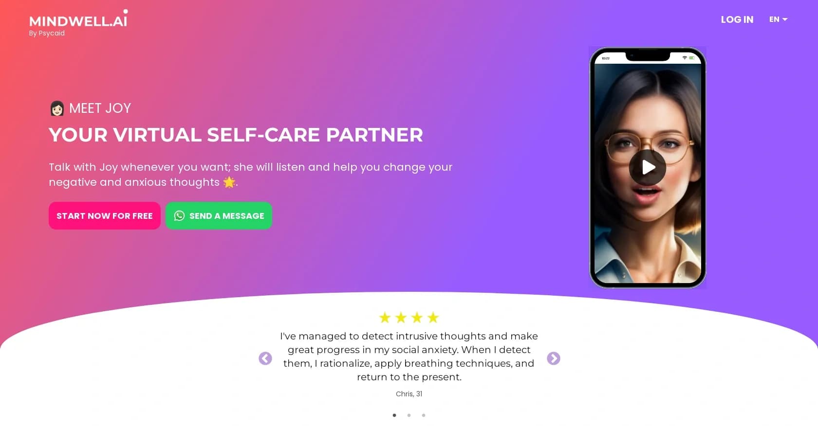 Mindwell homepage screenshot — AI-powered mental health support to overcome anxiety