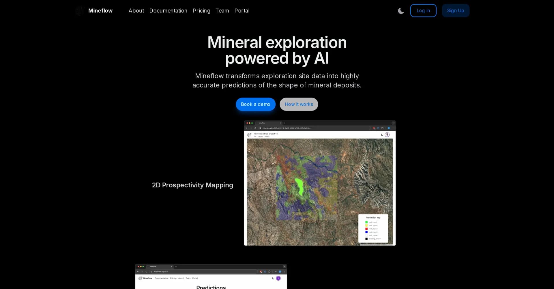 Mineflow homepage screenshot — AI-powered mineral deposit prediction