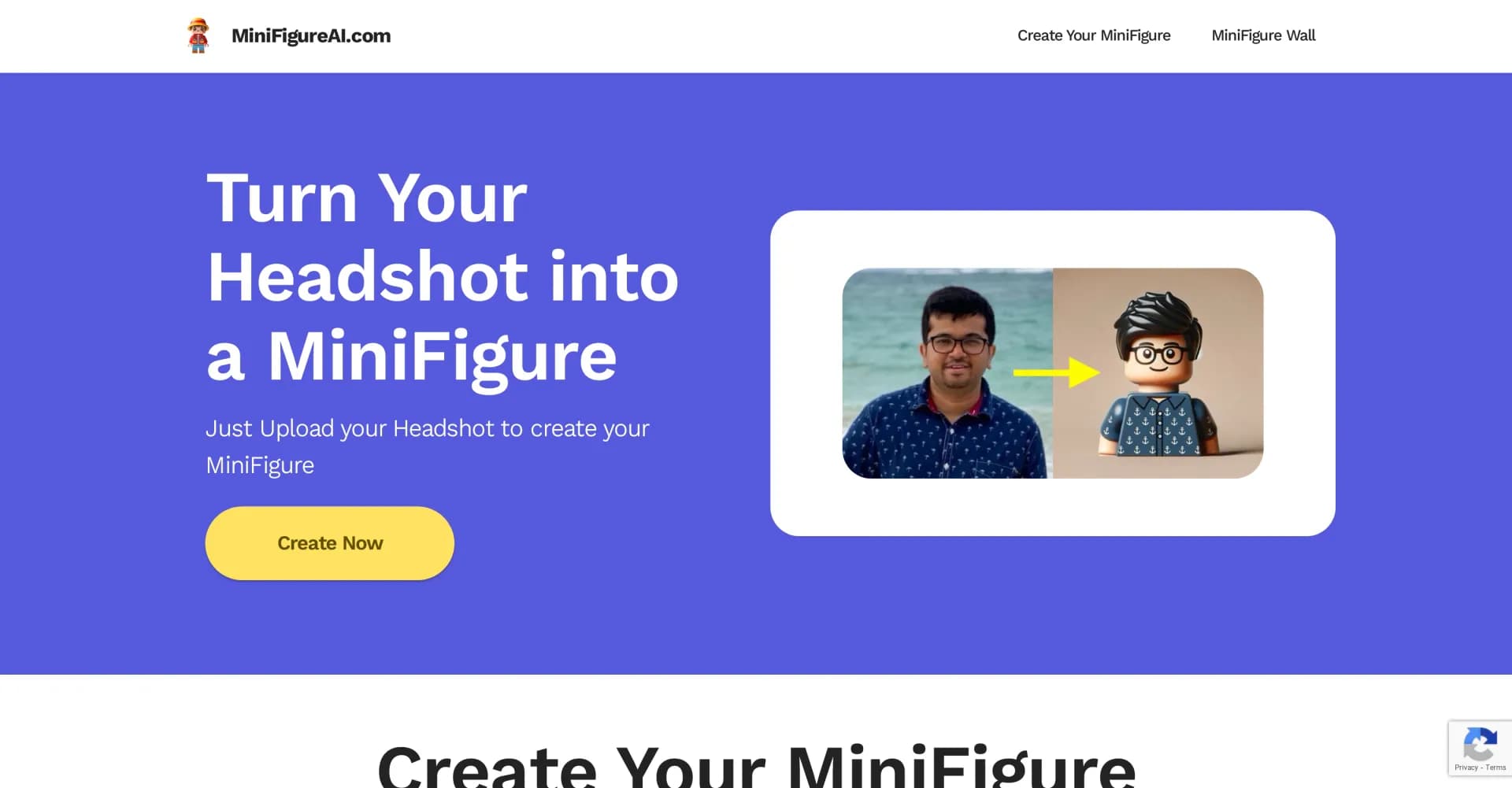 MiniFigureAI homepage screenshot — Transform your headshot into a MiniFigure