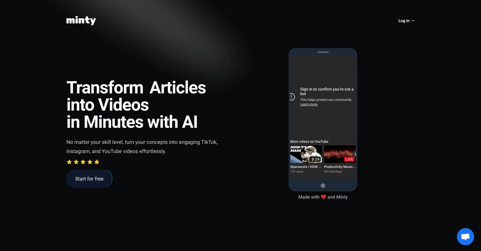 Minty homepage screenshot — Transform ideas into videos with AI magic.