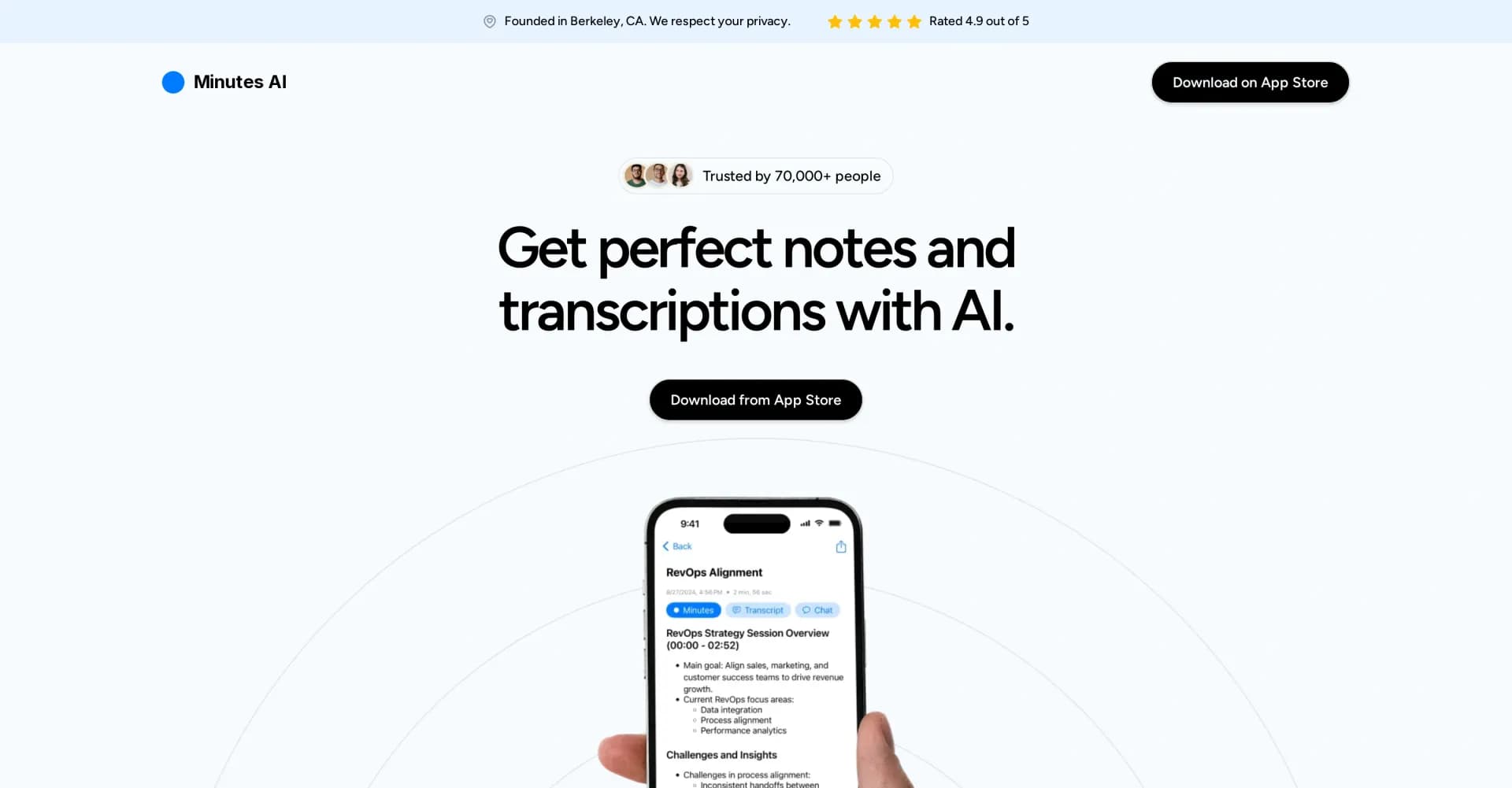 Minutes AI homepage screenshot — AI-powered note taking and transcription for meetings and le